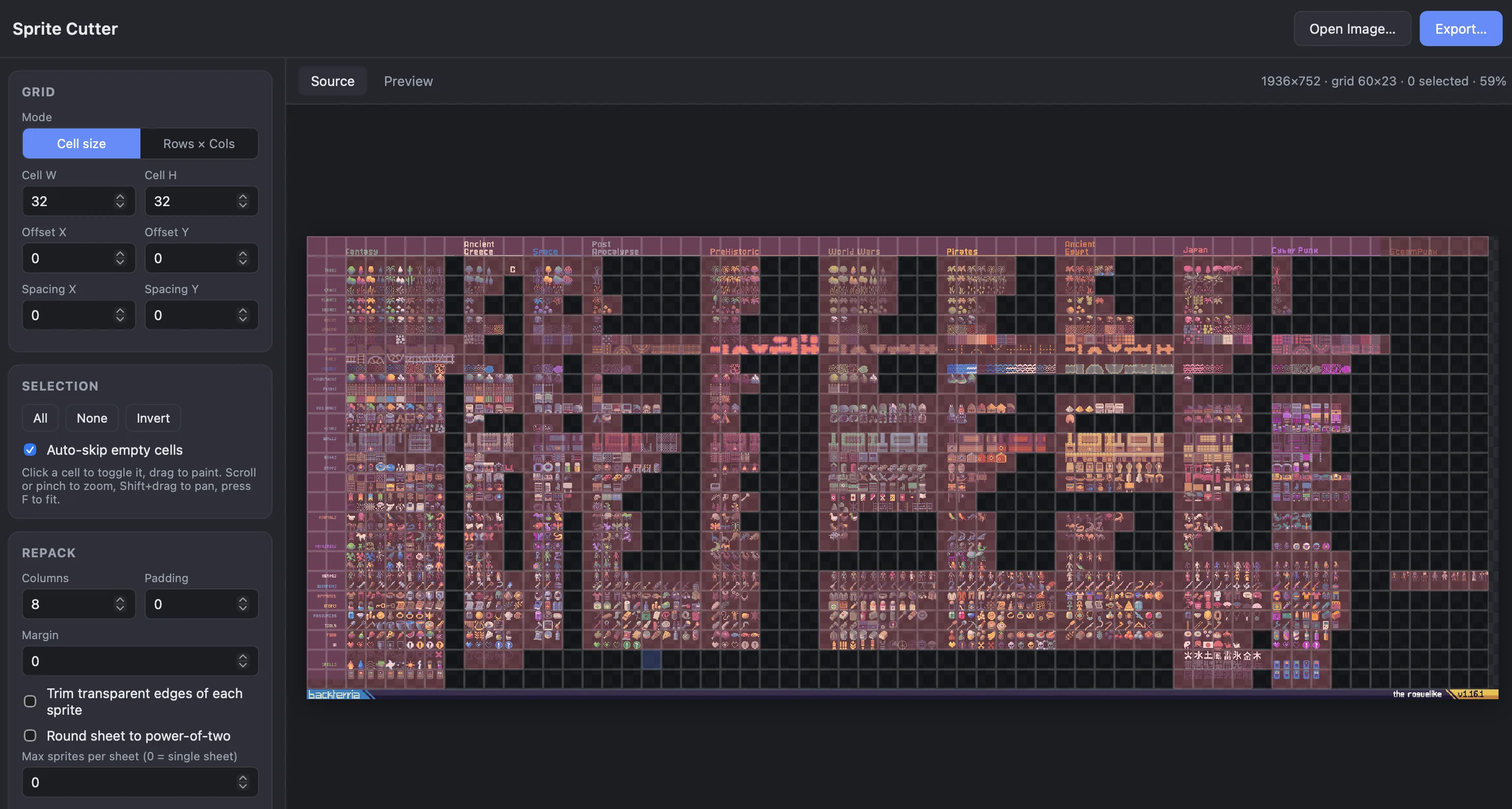 Spies Cutter slicing a spritesheet into a grid of sprites